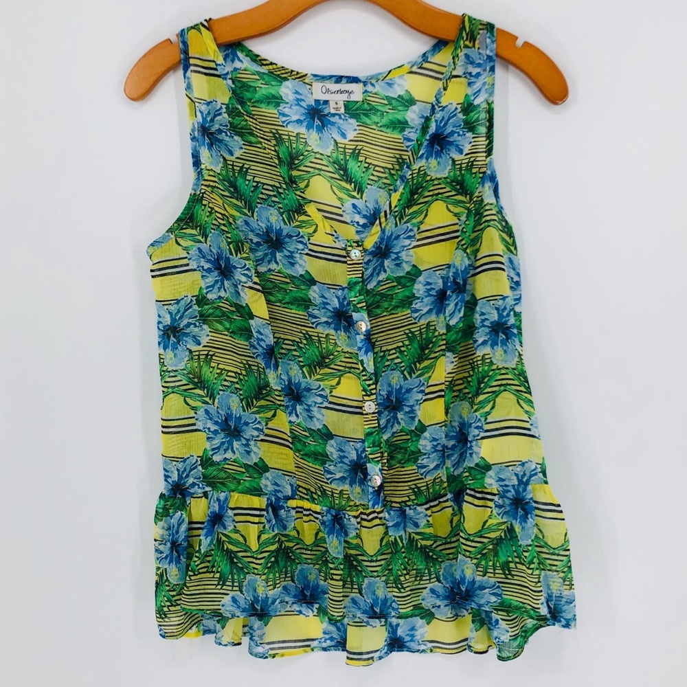 Olsenboye Floral Button Down Sleeveless Ruffle Top